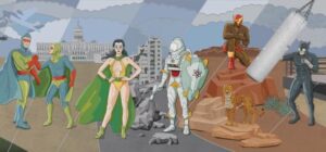 Mural que representa la historia de los metahumanos en el DCU